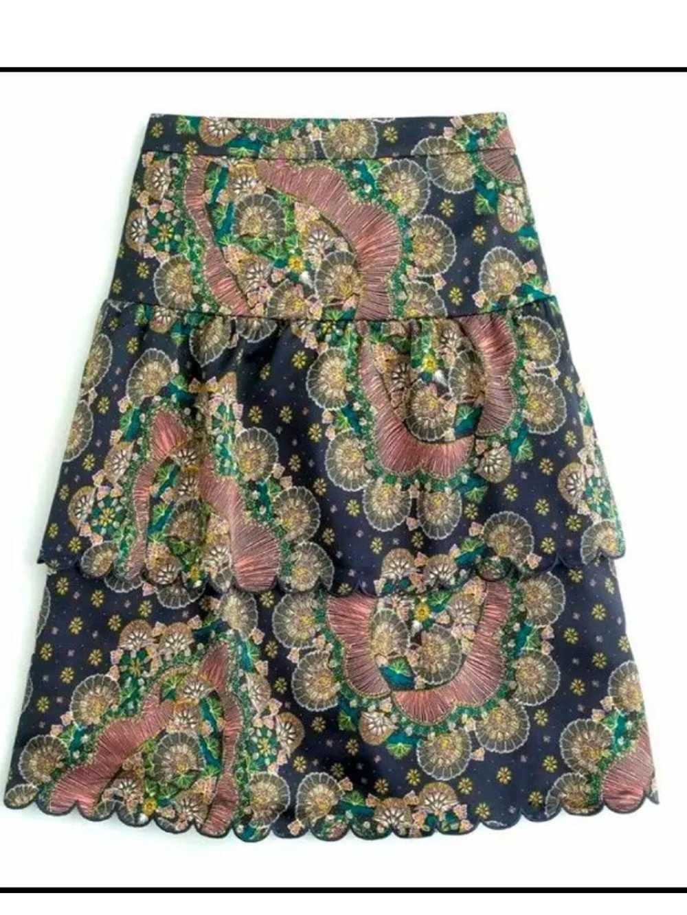 J. Crew Point Sur Tiered Scalloped Hem Midi Skirt in Paisley Satin Crepe Size 12